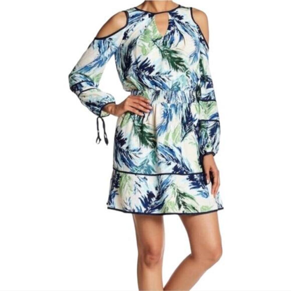 Adelyn Rae Ivory Green Cold Shoulder Printed Dress‎ Women's Size Med New